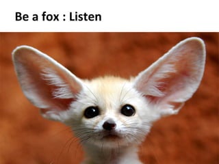 Social	
  Impulse	
  -­‐	
  Tous	
  droits	
  réservés	
   21	
  
Be	
  a	
  fox	
  :	
  Listen	
  
	
  
 