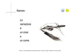 ERID Lab - Educational Research & Interaction Design • University of Foggia, Department of Human Sciences
Narrare
La
narrazione
è
un cosa
e
un come.
 