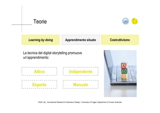 Teorie
La tecnica del digital storytelling promuove
un’apprendimento:
ERID Lab - Educational Research & Interaction Design • University of Foggia, Department of Human Sciences
Learning by doing Apprendimento situato Costruttivismo
Attivo Indipendente
Esperto Manuale
 