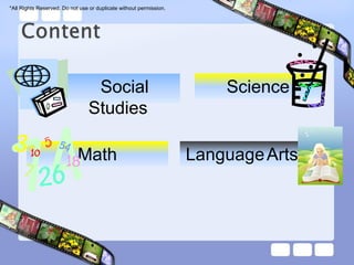 *All Rights Reserved. Do not use or duplicate without permission.




                                 Social                                 Science
                                Studies

                            Math                                    Language Arts
 