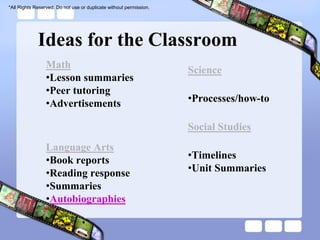 *All Rights Reserved. Do not use or duplicate without permission.




             Ideas for the Classroom
                 Math
                                                                    Science
                 •Lesson summaries
                 •Peer tutoring
                 •Advertisements                                    •Processes/how-to

                                                                    Social Studies
                 Language Arts
                 •Book reports                                      •Timelines
                 •Reading response                                  •Unit Summaries
                 •Summaries
                 •Autobiographies
 