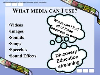 *All Rights Reserved. Do not use or duplicate without permission.




              WHAT MEDIA CAN I USE?

        •Videos
        •Images
        •Sounds
        •Songs
        •Speeches
        •Sound Effects
 