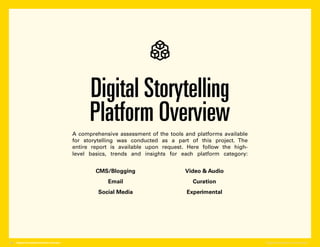 Digital Storytelling
Platform Overview
A comprehensive assessment of the tools and platforms available
for storytelling wa...