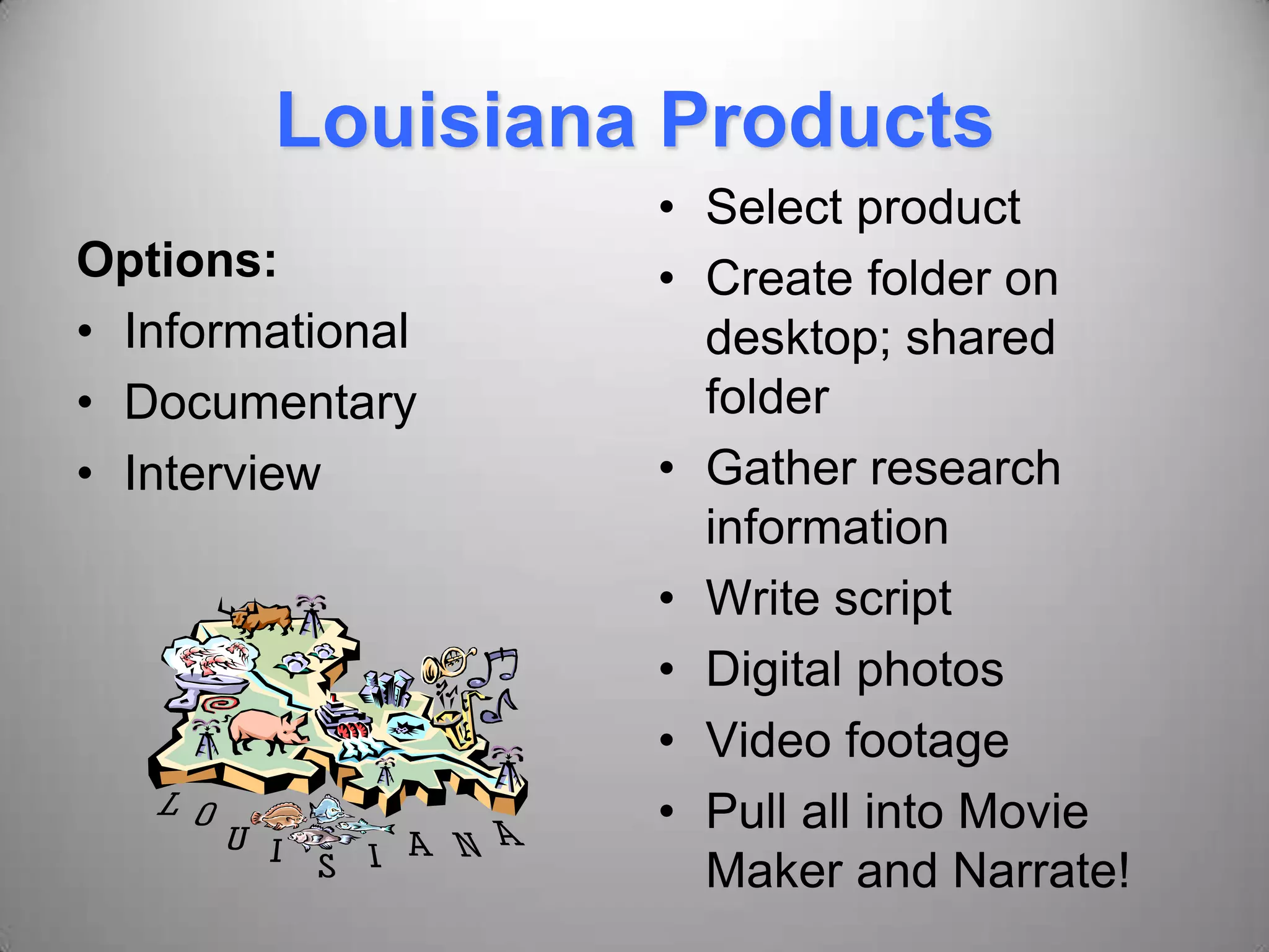 Louisiana Products
Options:
• Informational
• Documentary
• Interview
• Select product
• Create folder on
desktop; shared
folder
• Gather research
information
• Write script
• Digital photos
• Video footage
• Pull all into Movie
Maker and Narrate!
 