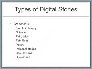 Types of Digital Stories

• Grades K-5
  •   Events in history
  •   Science
  •   Fairy tales
  •   Folk Tales
  •   Poetry
  •   Personal stories
  •   Book reviews
  •   Summaries
 