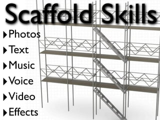 Scaffold Skills
‣Photos
‣Text
‣Music
‣Voice
‣Video
‣Effects
 