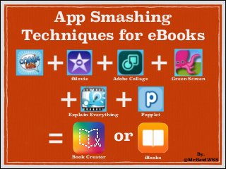 App Smashing
Techniques for eBooks

+ + +
+ +
or
=
iMovie

Adobe Collage

Explain Everything

Book Creator

Green Screen

Popplet

iBooks

By,
@MrReidWSS

 