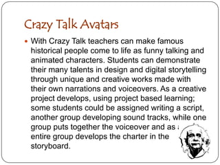 Embedding  Digital StoriesAudacityAudio Recording ResourcesAudacity is a free, easy-to-use audio editor and recorder for Windows, Mac OS X, GNU/Linux, and other operating systems. You can use Audacity to, Record live audio, convert tapes and records into digital recordings or CDs, Edit OggVorbis, MP3, and WAV sound files, cut, copy, splice, and mix sounds together and Change the speed or pitch of a recording.