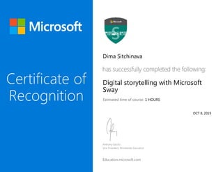 Dima Sitchinava
Digital storytelling with Microsoft
Sway
1 HOURS
OCT 8, 2019
 