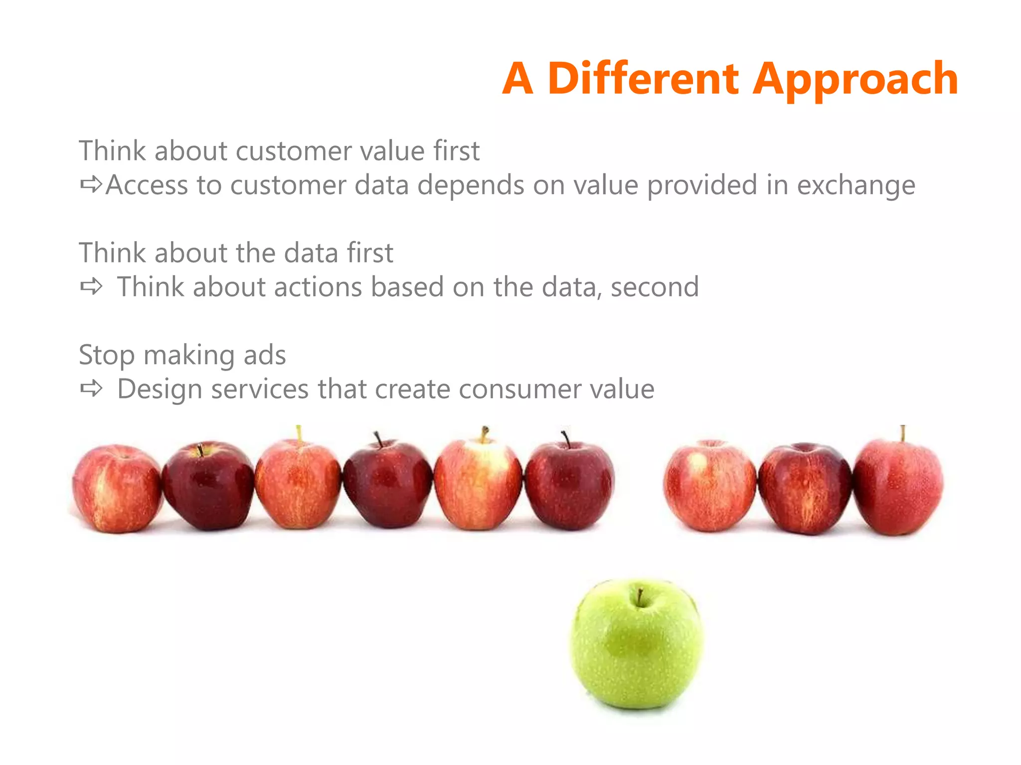 A Different Approach
Think about customer value first
Access to customer data depends on value provided in exchange
Think about the data first
 Think about actions based on the data, second
Stop making ads
 Design services that create consumer value
 
