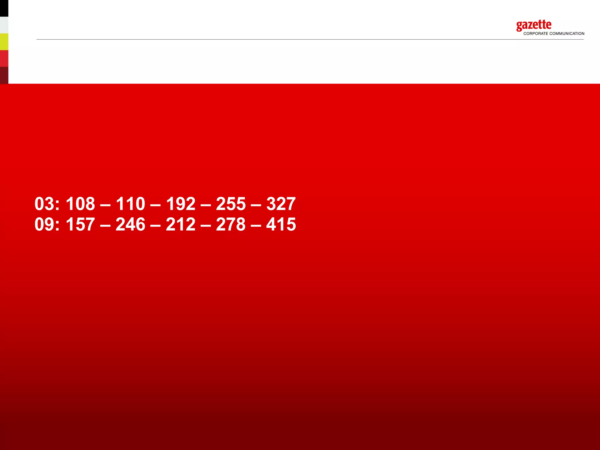 03: 108 – 110 – 192 – 255 – 327 09: 157 – 246 – 212 – 278 – 415 