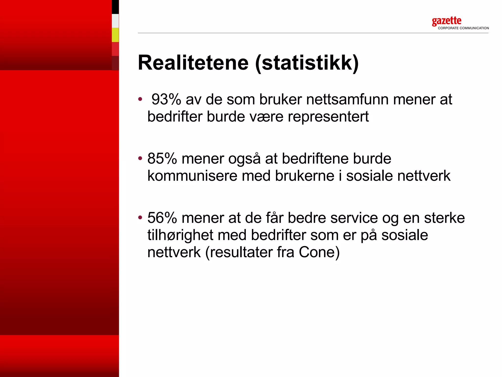 Realitetene (statistikk) 93% av de som bruker nettsamfunn mener at bedrifter burde være representert 85% mener også at bedriftene burde kommunisere med brukerne i sosiale nettverk 56% mener at de får bedre service og en sterke tilhørighet med bedrifter som er på sosiale nettverk (resultater fra Cone) 