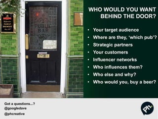 WHO WOULD YOU WANT
BEHIND THE DOOR?
• Your target audience
• Where are they, ‘which pub’?
• Strategic partners
• Your customers
• Influencer networks
• Who influences them?
• Who else and why?
• Who would you, buy a beer?
Got a questions...?
@googledave
@phcreative
 
