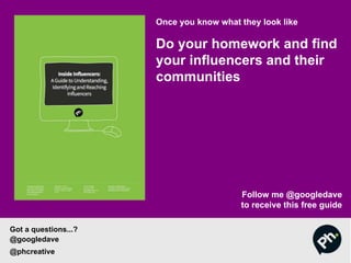 Once you know what they look like
Do your homework and find
your influencers and their
communities
Follow me @googledave
to receive this free guide
Got a questions...?
@googledave
@phcreative
 