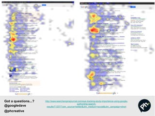 http://www.searchenginejournal.com/eye-tracking-study-importance-using-google-
authorship-search-
results/71207/?utm_source=twitter&utm_medium=social&utm_campaign=short
Got a questions...?
@googledave
@phcreative
 