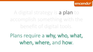 Plans require a why, who, what,
when, where, and how.
a plan
 