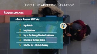 • 2
1 High Attitude
A DIGITAL STRATEGIST MUST HAVE :
2 Deep Experience
3 Day-to-Day Strategy Education (continuous)
4 Numerous of Real Case Studies
5 Out of the Box – Strategic Thinking
DIGITAL MARKETING STRATEGY
REQUIREMENTS
 