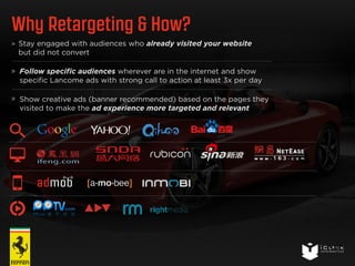 Why Retargeting & How? 
27 
Stay engaged with audiences who already visited your website 
but did not convert 
Follow specific audiences wherever are in the internet and show 
specific Lancome ads with strong call to action at least 3x per day 
Show creative ads (banner recommended) based on the pages they 
visited to make the ad experience more targeted and relevant 
 