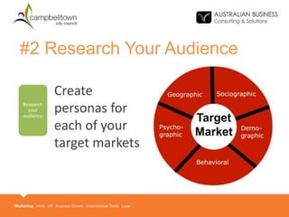 #2 Research Your Audience
Research
your
audience
Create
personas for
each of your
target markets
Research
your
audience
 