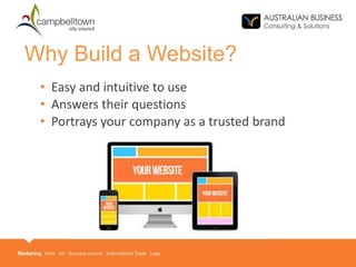 Why Build a Website?
• Easy and intuitive to use
• Answers their questions
• Portrays your company as a trusted brand
 