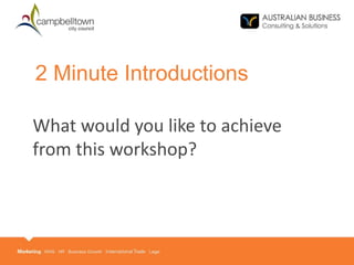 2 Minute Introductions
What would you like to achieve
from this workshop?
 