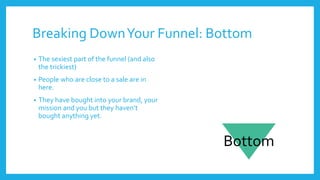 Breaking DownYour Funnel: Bottom
• The sexiest part of the funnel (and also
the trickiest)
• People who are close to a sal...
