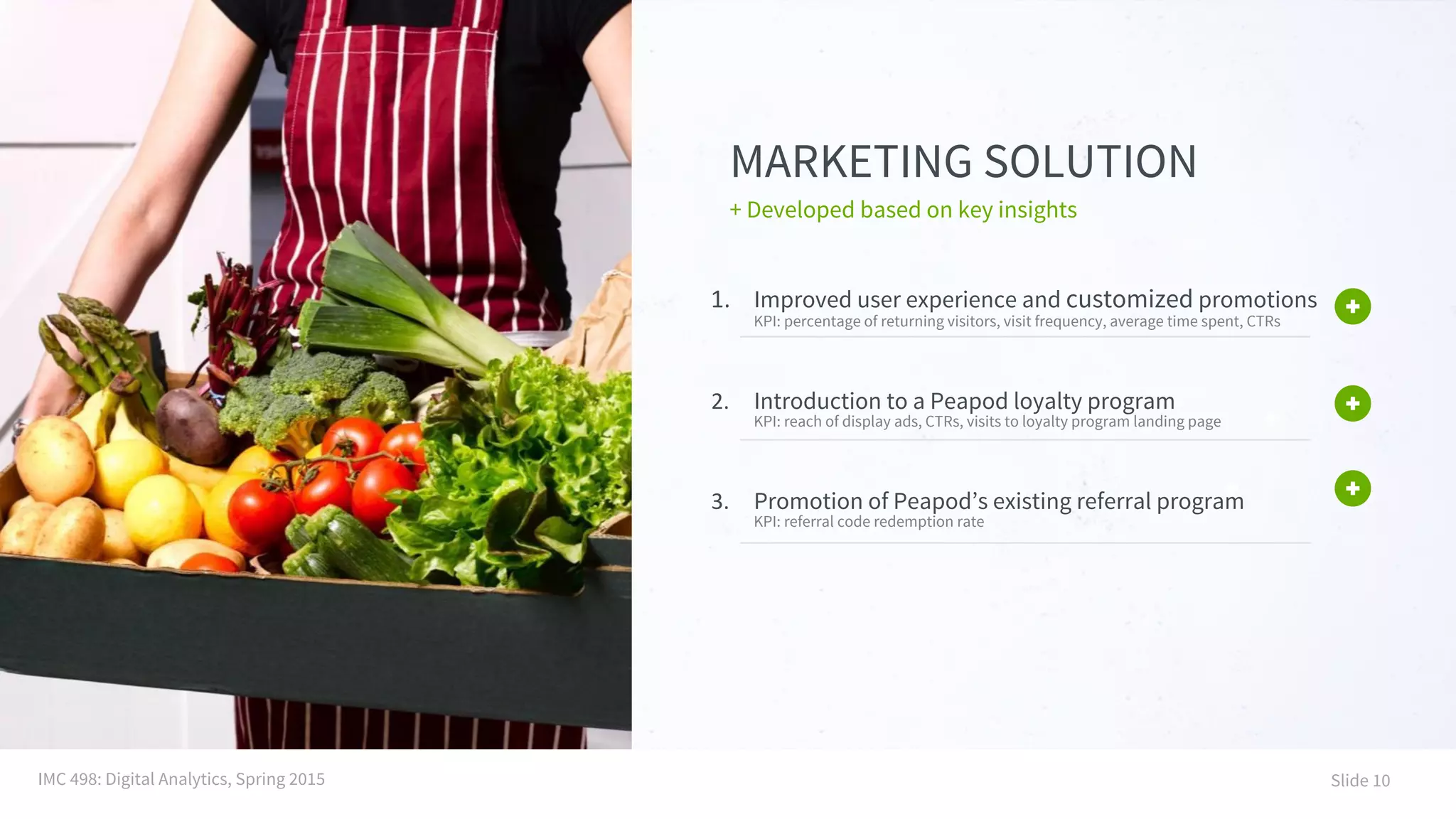 MARKETING SOLUTION
+ Developed based on key insights
1. Improved user experience and customized promotions
KPI: percentage of returning visitors, visit frequency, average time spent, CTRs
2. Introduction to a Peapod loyalty program
KPI: reach of display ads, CTRs, visits to loyalty program landing page
3. Promotion of Peapod’s existing referral program
KPI: referral code redemption rate
IMC 498: Digital Analytics, Spring 2015 Slide 10
 