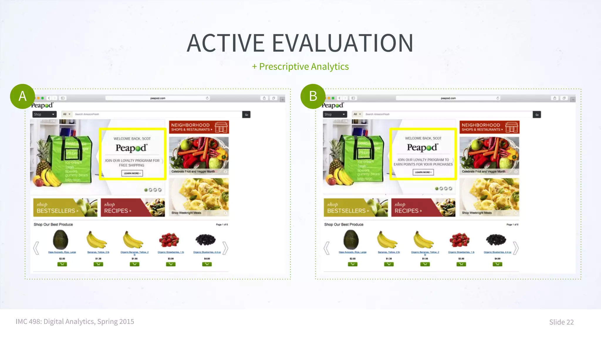 ACTIVE EVALUATION
+ Prescriptive Analytics
A B
IMC 498: Digital Analytics, Spring 2015 Slide 22
 