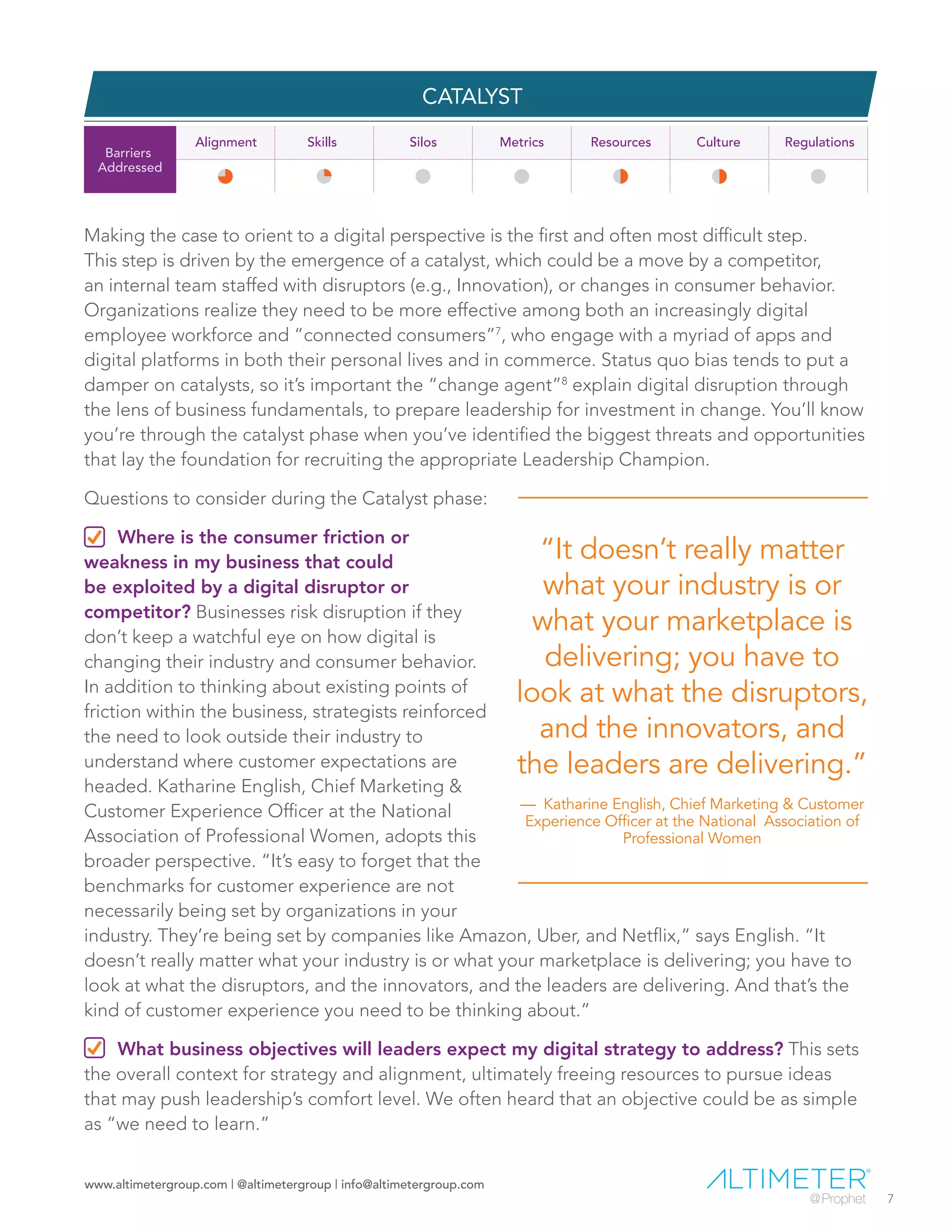 www.altimetergroup.com | @altimetergroup | info@altimetergroup.com
7
AUTHOR BIO
Ed Terpening
Industry Analyst at Altimeter, a Prophet Company
Ed Terpening (@edterpening) is an Industry Analyst at
Altimeter focused on Social Business and Digital research.
As former VP of Social Media at Wells Fargo, Ed led the
charge to develop the first social media team of any national
US bank. He founded CNET’s first Online Community Team,
where he added user ratings/reviews to CNET.com and “Talk
Back” to NEWS.com. He is a founding member company of
SocialMedia.org.
Aubrey Littleton
Researcher at Altimeter, a Prophet Company
Aubrey Littleton (@aubreylittleton) is a Researcher at
Altimeter. He supports Altimeter’s broad research mission
and advisory efforts, working with analysts to understand
the ever-transforming digital world. His research is currently
focused on social business, employee advocacy, and digital
transformation at large.
ABOUT ALTIMETER, A PROPHET COMPANY
Altimeter is a research and consulting firm owned by Prophet Brand Strategy that helps
companies understand and act on technology disruption. We give business leaders the insight
and confidence to help their companies thrive in the face of disruption. In addition to publishing
research, Altimeter analysts speak and provide strategy consulting on trends in leadership, digital
transformation, social business, data disruption, and content marketing strategy.
7
Altimeter, a Prophet Company
One Bush Street, 7th Floor, San Francisco, CA 94104
info@altimetergroup.com | www.altimetergroup.com
@altimetergroup | 415-363-0004
 