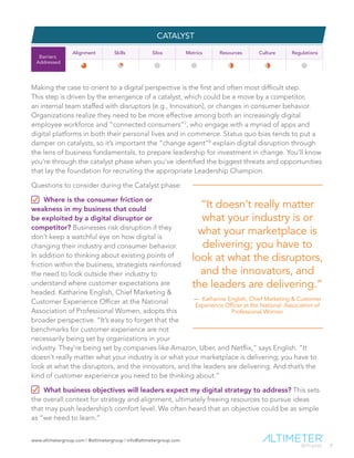 www.altimetergroup.com | @altimetergroup | info@altimetergroup.com
7
AUTHOR BIO
Ed Terpening
Industry Analyst at Altimeter, a Prophet Company
Ed Terpening (@edterpening) is an Industry Analyst at
Altimeter focused on Social Business and Digital research.
As former VP of Social Media at Wells Fargo, Ed led the
charge to develop the first social media team of any national
US bank. He founded CNET’s first Online Community Team,
where he added user ratings/reviews to CNET.com and “Talk
Back” to NEWS.com. He is a founding member company of
SocialMedia.org.
Aubrey Littleton
Researcher at Altimeter, a Prophet Company
Aubrey Littleton (@aubreylittleton) is a Researcher at
Altimeter. He supports Altimeter’s broad research mission
and advisory efforts, working with analysts to understand
the ever-transforming digital world. His research is currently
focused on social business, employee advocacy, and digital
transformation at large.
ABOUT ALTIMETER, A PROPHET COMPANY
Altimeter is a research and consulting firm owned by Prophet Brand Strategy that helps
companies understand and act on technology disruption. We give business leaders the insight
and confidence to help their companies thrive in the face of disruption. In addition to publishing
research, Altimeter analysts speak and provide strategy consulting on trends in leadership, digital
transformation, social business, data disruption, and content marketing strategy.
7
Altimeter, a Prophet Company
One Bush Street, 7th Floor, San Francisco, CA 94104
info@altimetergroup.com | www.altimetergroup.com
@altimetergroup | 415-363-0004
 