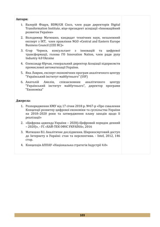 103
Автори:
1. Валерій Фіщук, BDM/GR Cisco, член ради директорів Digital
Transformation Institute, віце-президент асоціації «Інноваційний
розвиток України»
2. Володимир Матюшко, кандидат технічних наук, незалежний
експерт з ІКТ, член правління NGO «Central and Eastern Europe
Business Council (CEE BC)»
3. Єгор Чернєв, консультант з інновацій та цифрової
трансформації, голова ГО Innovation Nation, член ради руху
Industry 4.0 Ukraine
4. Олександр Юрчак, генеральний директор Асоціації підприємств
промислової автоматизації України.
5. Яна Лаврик, експерт економічних програм аналітичного центру
"Український інститут майбутнього" (UIF)
6. Анатолій Амелін, співзасновник аналітичного центру
"Український інститут майбутнього", директор програми
"Економіка"
Джерела:
1. Розпорядження КМУ від 17 січня 2018 р. №67-р «Про схвалення
Концепції розвитку цифрової економіки та суспільства України
на 2018–2020 роки та затвердження плану заходів щодо її
реалізації»
2. «Цифрова адженда України – 2020(«Цифровий порядок денний
– 2020)», - ГС «ХАЙ-ТЕК ОФІС УКРАЇНА», 2016
3. Матюшко В.І. Аналітичне дослідження. Широкосмуговий доступ
до Інтернету в Україні: стан та перспективи. - Intel, 2012, 146
стор.
4. Концепція АППАУ «Національна стратегія Індустрії 4.0»
 