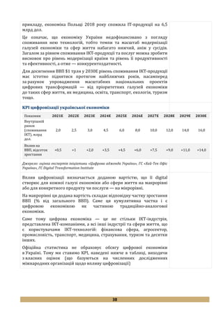 38
прикладу, економіка Польщі 2018 року спожила ІТ-продукції на 6,5
млрд дол.
Це означає, що економіку України недофінансовано з погляду
споживання нею технологій, тобто темпи та масштаб модернізації
галузей економіки та сфер життя набагато нижчий, аніж у сусідів.
Загалом за рівнем споживання ІКТ-продукції та послуг можна зробити
висновок про рівень модернізації країни та рівень її продуктивності
та ефективності, а отже — конкурентоздатності.
Для досягнення ВВП $1 трлн у 2030Е рівень споживання ІКТ-продукції
має істотно піднятися протягом найближчих років, насамперед
за рахунок упровадження масштабних національних проектів
цифрових трансформацій — від пріоритетних галузей економіки
до таких сфер життя, як медицина, освіта, транспорт, екологія, туризм
тощо.
KPI цифровізації української економіки
Показник 2021Е 2022Е 2023Е 2024Е 2025Е 2026Е 2027Е 2028Е 2029Е 2030Е
Внутрішній
ринок
(споживання
ІКТ), млрд
дол.
2,0 2,5 3,0 4,5 6,0 8,0 10,0 12,0 14,0 16,0
Вплив на
ВВП, відсоток
зростання
+0,5 +1 +2,0 +3,5 +4,5 +6,0 +7,5 +9,0 +11,0 +14,0
Джерело: оцінка експертів ініціативи «Цифрова адженда України», ГС «Хай-Тек Офіс
Україна», ГС Digital Transformation Institute
Вплив цифровізації визначається доданою вартістю, що її digital
створює для кожної галузі економіки або сфери життя на макрорівні
або для конкретного продукту чи послуги — на мікрорівні.
На макрорівні ця додана вартість складає відповідну частку зростання
ВВП (% від загального ВВП). Саме ця кумулятивна частка і є
цифровою економікою як частиною традиційно-аналогової
економіки.
Саме тому цифрова економіка — це не стільки ІКТ-індустрія,
представлена ІКТ-компаніями, а всі інші індустрії та сфери життя, що
є користувачами ІКТ-технологій: фінансова сфера, агросектор,
промисловість, транспорт, медицина, страхування, туризм та десятки
інших.
Офіційна статистика не обраховує обсягу цифрової економіки
в Україні. Тому ми ставимо KPI, наведені нижче в таблиці, виходячи
з власних оцінок (що базуються на численних дослідженнях
міжнародних організацій щодо впливу цифровізації)
 