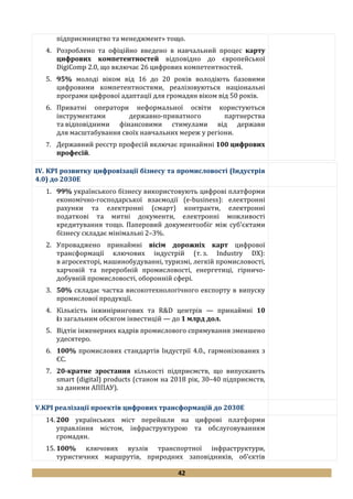42
підприємництво та менеджмент» тощо.
4. Розроблено та офіційно введено в навчальний процес карту
цифрових компетентностей відповідно до європейської
DigiComp 2.0, що включає 26 цифрових компетентностей.
5. 95% молоді віком від 16 до 20 років володіють базовими
цифровими компетентностями, реалізовуються національні
програми цифрової адаптації для громадян віком від 50 років.
6. Приватні оператори неформальної освіти користуються
інструментами державно-приватного партнерства
та відповідними фінансовими стимулами від держави
для масштабування своїх навчальних мереж у регіони.
7. Державний реєстр професій включає принаймні 100 цифрових
професій.
IV. KPI розвитку цифровізації бізнесу та промисловості (Індустрія
4.0) до 2030Е
1. 99% українського бізнесу використовують цифрові платформи
економічно-господарської взаємодії (e-business): електронні
рахунки та електронні (смарт) контракти, електронні
податкові та митні документи, електронні можливості
кредитування тощо. Паперовий документообіг між суб’єктами
бізнесу складає мінімальні 2–3%.
2. Упроваджено принаймні вісім дорожніх карт цифрової
трансформації ключових індустрій (т. з. Industry DX):
в агросекторі, машинобудуванні, туризмі, легкій промисловості,
харчовій та переробній промисловості, енергетиці, гірничо-
добувній промисловості, оборонній сфері.
3. 50% складає частка високотехнологічного експорту в випуску
промислової продукції.
4. Кількість інжинірингових та R&D центрів — принаймні 10
із загальним обсягом інвестицій — до 1 млрд дол.
5. Відтік інженерних кадрів промислового спрямування зменшено
удесятеро.
6. 100% промислових стандартів Індустрії 4.0., гармонізованих з
ЄС.
7. 20-кратне зростання кількості підприємств, що випускають
smart (digital) products (станом на 2018 рік, 30–40 підприємств,
за даними АППАУ).
V.KPI реалізації проектів цифрових трансформацій до 2030Е
14. 200 українських міст перейшли на цифрові платформи
управління містом, інфраструктурою та обслуговуванням
громадян.
15. 100% ключових вузлів транспортної інфраструктури,
туристичних маршрутів, природних заповідників, об’єктів
 
