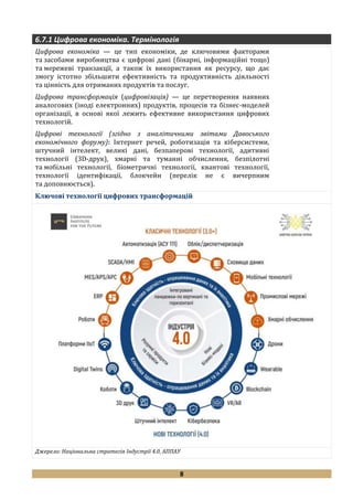 8
6.7.1 Цифрова економіка. Термінологія
Цифрова економіка — це тип економіки, де ключовими факторами
та засобами виробництва є цифрові дані (бінарні, інформаційні тощо)
та мережеві транзакції, а також їх використання як ресурсу, що дає
змогу істотно збільшити ефективність та продуктивність діяльності
та цінність для отриманих продуктів та послуг.
Цифрова трансформація (цифровізація) — це перетворення наявних
аналогових (іноді електронних) продуктів, процесів та бізнес-моделей
організації, в основі якої лежить ефективне використання цифрових
технологій.
Цифрові технології (згідно з аналітичними звітами Давоського
економічного форуму): Інтернет речей, роботизація та кіберсистеми,
штучний інтелект, великі дані, безпаперові технології, адитивні
технології (3D-друк), хмарні та туманні обчислення, безпілотні
та мобільні технології, біометричні технології, квантові технології,
технології ідентифікації, блокчейн (перелік не є вичерпним
та доповнюється).
Ключові технології цифрових трансформацій
Джерело: Національна стратегія Індустрії 4.0, АППАУ
 