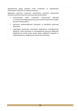 88
Пріоритетом уряду повинні стати створення та координація
відповідних ініціатив та надання ресурсів.
Державна стратегія раннього запобігання ризикам зменшення
кількості робочих місць має декілька рівнів реалізації:
 освітянський, тобто створення академічних програм
та освітянської інфраструктури для планової підготовки кадрів
під нові спеціальності;
 програми перекваліфікації громадян та програми адаптації
громадян;
 структурні ініціативи: оновлення державного класифікатора
професій, тобто розробка та затвердження переліку цифрових
професій (на основі вимог ринку праці, цифрових трендів), їх
запровадження у профільних навчальних закладах.
 