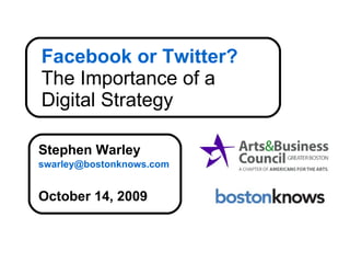 Facebook or Twitter? The Importance of a  Digital Strategy Stephen Warley [email_address] October 14, 2009 