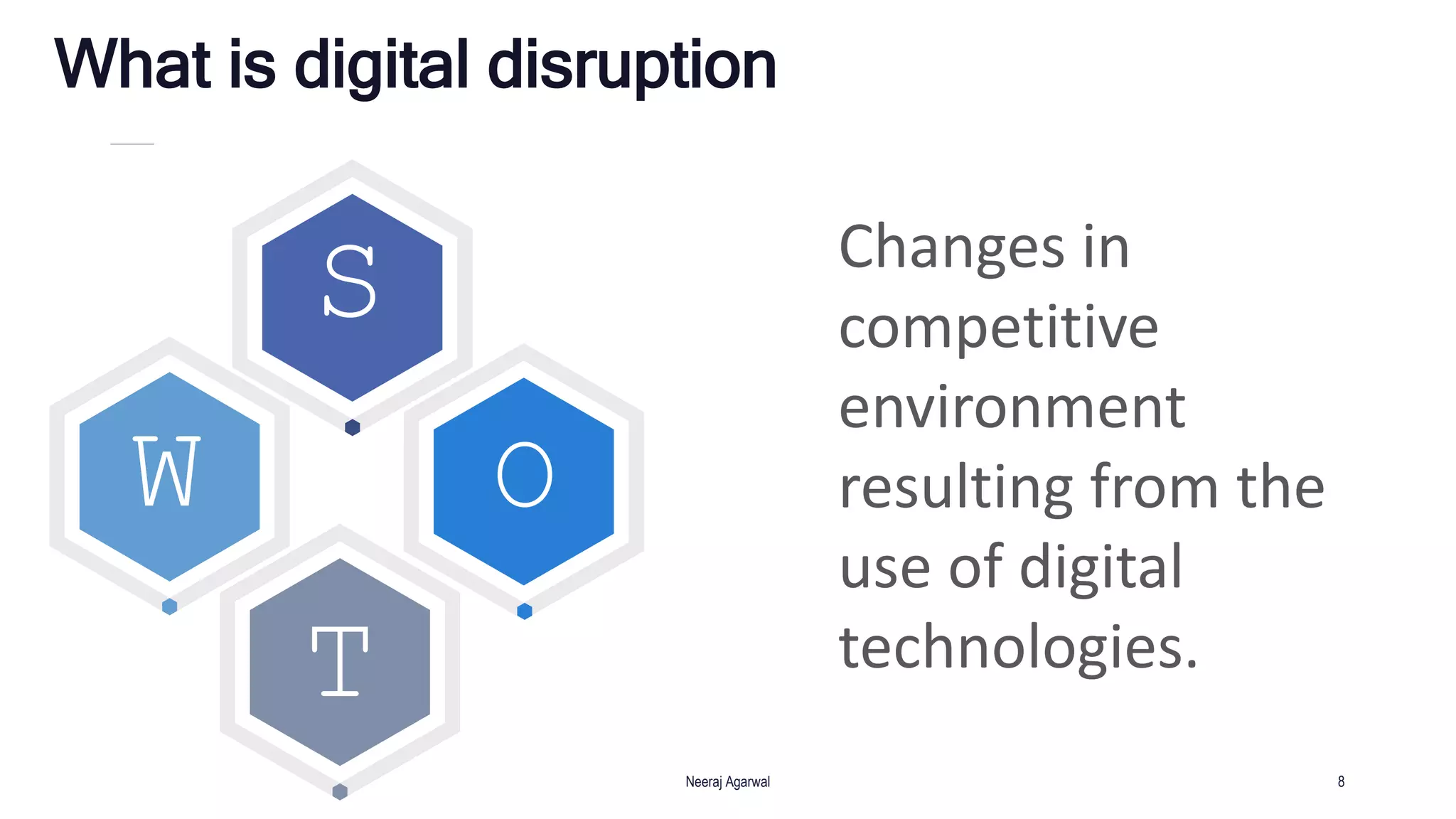 What is digital disruption
Neeraj Agarwal 8
Changes in
competitive
environment
resulting from the
use of digital
technologies.
S
W O
T
 