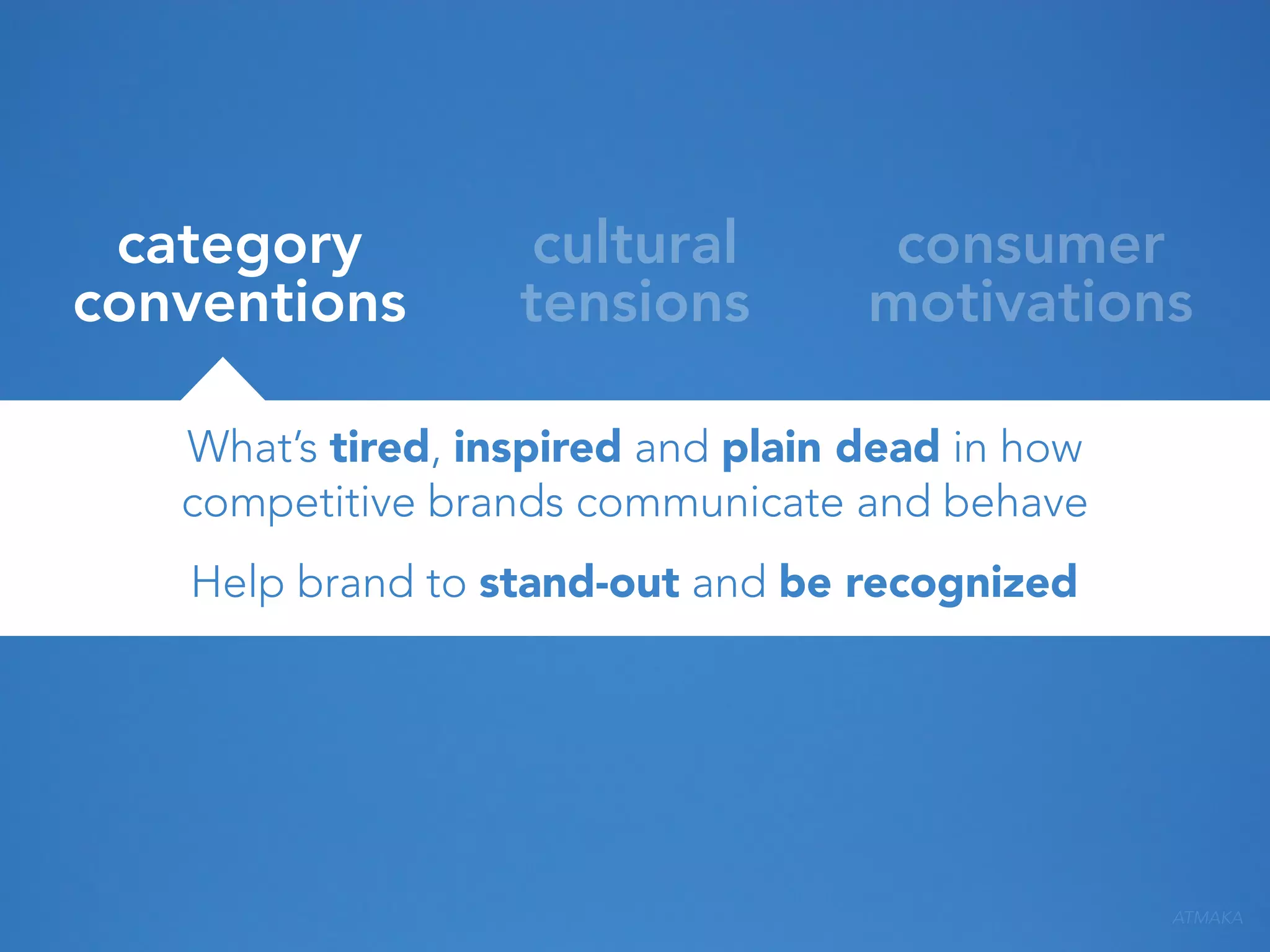 category
conventions

cultural
tensions

consumer
motivations

What’s tired, inspired and plain dead in how
competitive brands communicate and behave
Help brand to stand-out and be recognized

ATMAKA

 