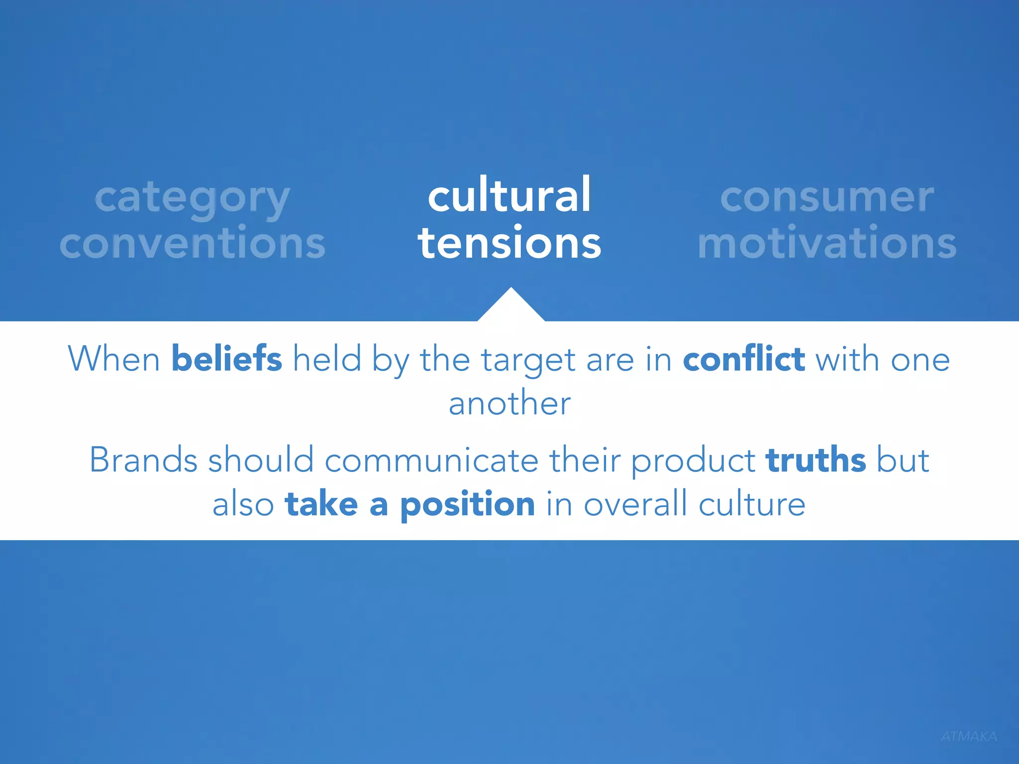 category
conventions

cultural
tensions

consumer
motivations

When beliefs held by the target are in conﬂict with one
another
Brands should communicate their product truths but
also take a position in overall culture

ATMAKA

 