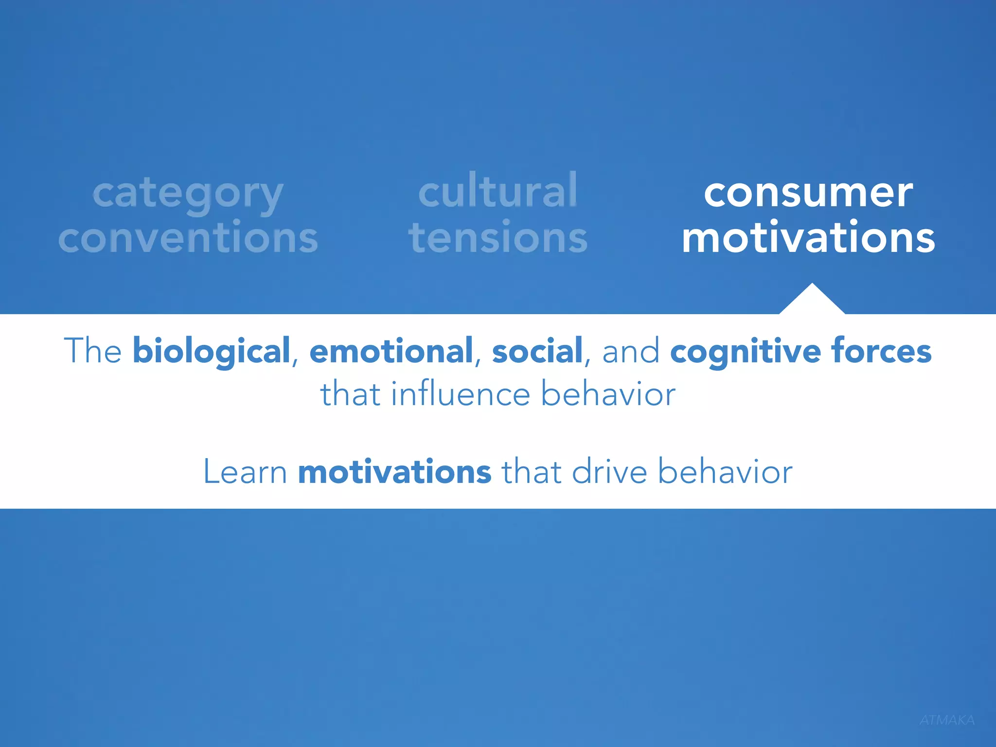 category
conventions

cultural
tensions

consumer
motivations

The biological, emotional, social, and cognitive forces
that influence behavior
Learn motivations that drive behavior

ATMAKA

 