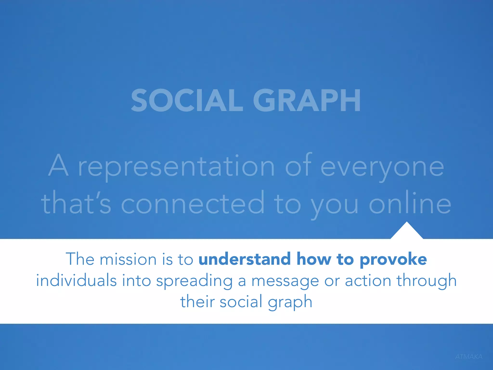 SOCIAL GRAPH
A representation of everyone
that’s connected to you online
The mission is to understand how to provoke
individuals into spreading a message or action through
their social graph
ATMAKA

 