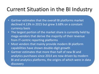 Key BI Trends
• The BI market has crossed a tipping point as it shifts away from IT-
centric, reporting-based platforms to...