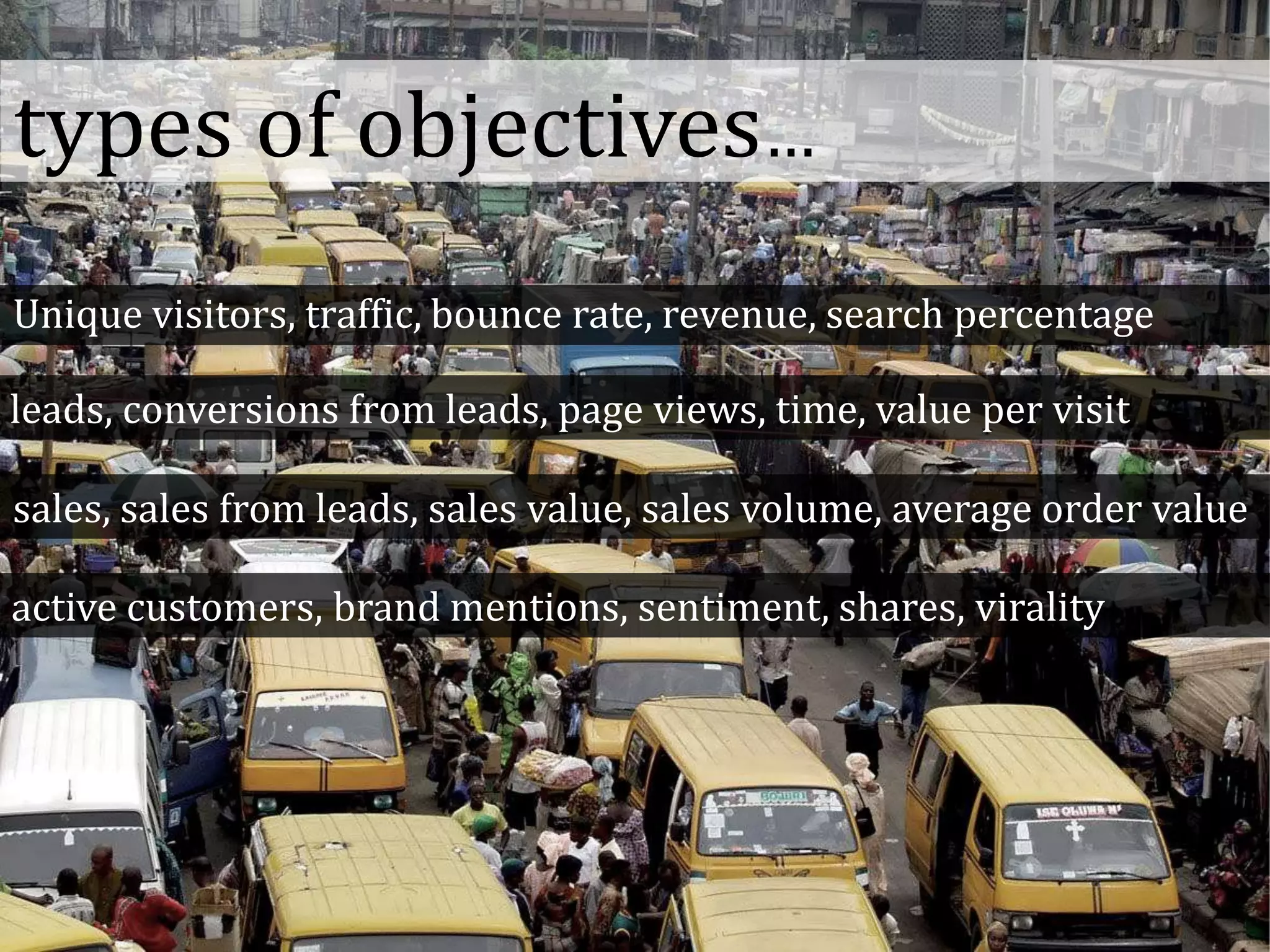 types of objectives…
Unique visitors, traffic, bounce rate, revenue, search percentage
leads, conversions from leads, page views, time, value per visit
sales, sales from leads, sales value, sales volume, average order value
active customers, brand mentions, sentiment, shares, virality
 