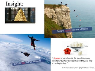 Insight:



                                                                s” Into Socia                              l Media
                                                  Ferrero “jump




                                         “…5	
  years	
  in	
  social	
  media	
  for	
  a	
  mul1na1onal	
  
                              Properly   brand	
  and	
  by	
  their	
  own	
  admission	
  they	
  are	
  only	
  
                       Plan
  …but still “fail” to                   at	
  the	
  beginning…”	
  	
  
                                         	
  
                                                           Guillaume	
  du	
  Gardier,	
  Head	
  of	
  Digital	
  Media	
  in	
  Ferrero	
  
 