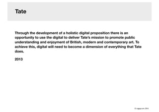 Tate
Through the development of a holistic digital proposition there is an
opportunity to use the digital to deliver Tate’s mission to promote public
understanding and enjoyment of British, modern and contemporary art. To
achieve this, digital will need to become a dimension of everything that Tate
does.
2013
© cogapp.com, 2016
 