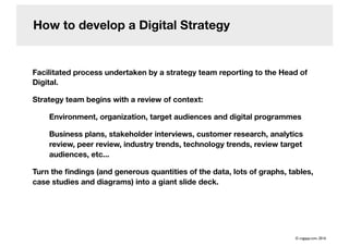 How to develop a Digital Strategy
Facilitated process undertaken by a strategy team reporting to the Head of
Digital.
Strategy team begins with a review of context:
Environment, organization, target audiences and digital programmes
Business plans, stakeholder interviews, customer research, analytics
review, peer review, industry trends, technology trends, review target
audiences, etc...
Turn the ﬁndings (and generous quantities of the data, lots of graphs, tables,
case studies and diagrams) into a giant slide deck.
© cogapp.com, 2016
 