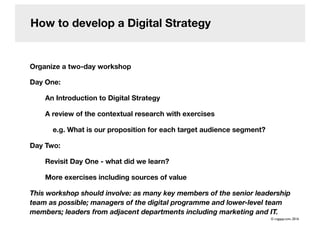 How to develop a Digital Strategy
Organize a two-day workshop
Day One:
An Introduction to Digital Strategy
A review of the contextual research with exercises
e.g. What is our proposition for each target audience segment?
Day Two:
Revisit Day One - what did we learn?
More exercises including sources of value
This workshop should involve: as many key members of the senior leadership
team as possible; managers of the digital programme and lower-level team
members; leaders from adjacent departments including marketing and IT.
© cogapp.com, 2016
 