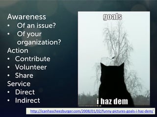 http://icanhascheezburger.com/2008/01/02/funny-pictures-goals-i-haz-dem/
Awareness
• Of an issue?
• Of your
organization?
Action
• Contribute
• Volunteer
• Share
Service
• Direct
• Indirect
 