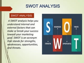 SWOT ANALYSIS:
SWOT ANALYSIS
:A SWOT analysis helps you
understand internal and
external factors that can
make or break your success
toward your marketing
goal. SWOT is an acronym
that stands for strengths,
weaknesses, opportunities,
and threats.
 