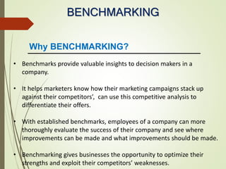 BENCHMARKING
• Benchmarks provide valuable insights to decision makers in a
company.
• It helps marketers know how their marketing campaigns stack up
against their competitors’, can use this competitive analysis to
differentiate their offers.
• With established benchmarks, employees of a company can more
thoroughly evaluate the success of their company and see where
improvements can be made and what improvements should be made.
• Benchmarking gives businesses the opportunity to optimize their
strengths and exploit their competitors’ weaknesses.
Why BENCHMARKING?
 